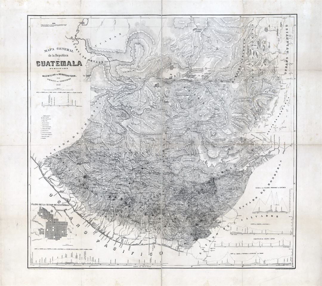 Крупномасштабная детальная старая карта Гватемалы с рельефом - 1859