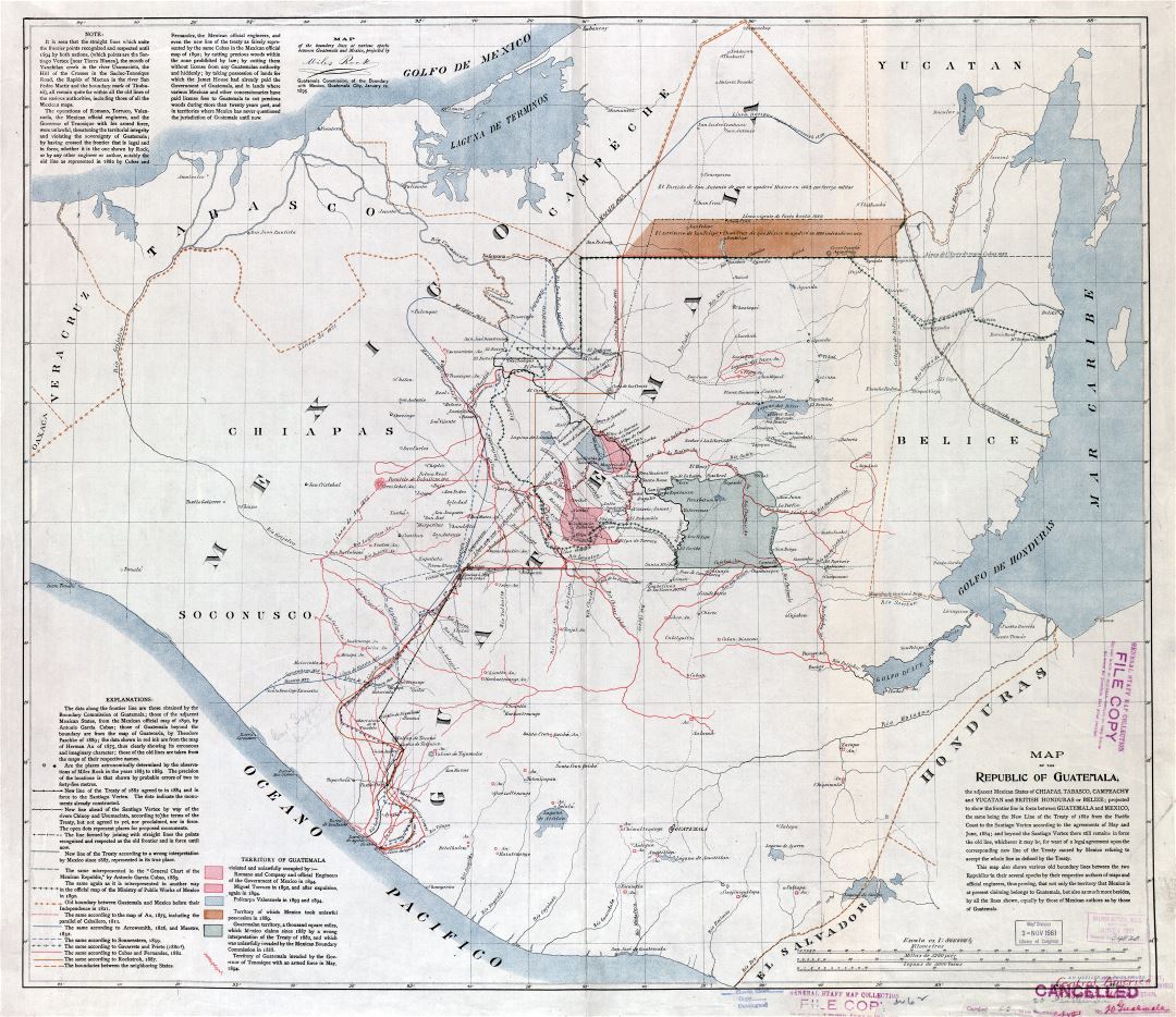 Крупномасштабная подробная старая карта Республики Гватемала - 1895