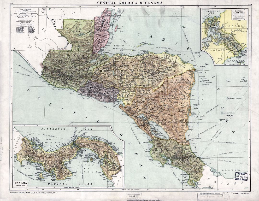 Крупномасштабная старая карта Центральной Америки и Панамы - 1920