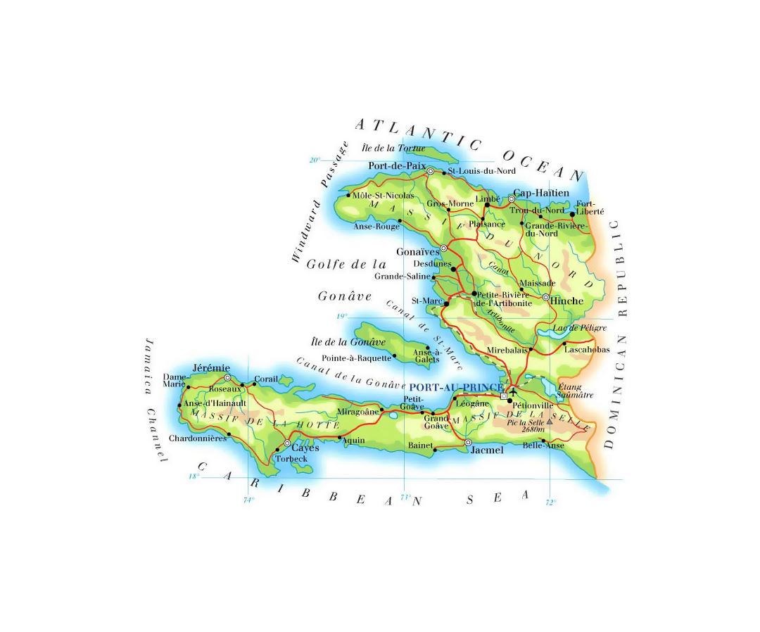 Подробная карта высот Гаити с дорогами, железными дорогами, городами и аэропортами