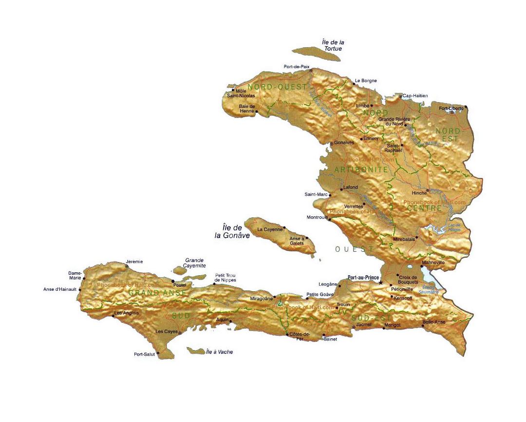 Детальная карта Гаити с рельефом, административными делениями, дорогами и городами
