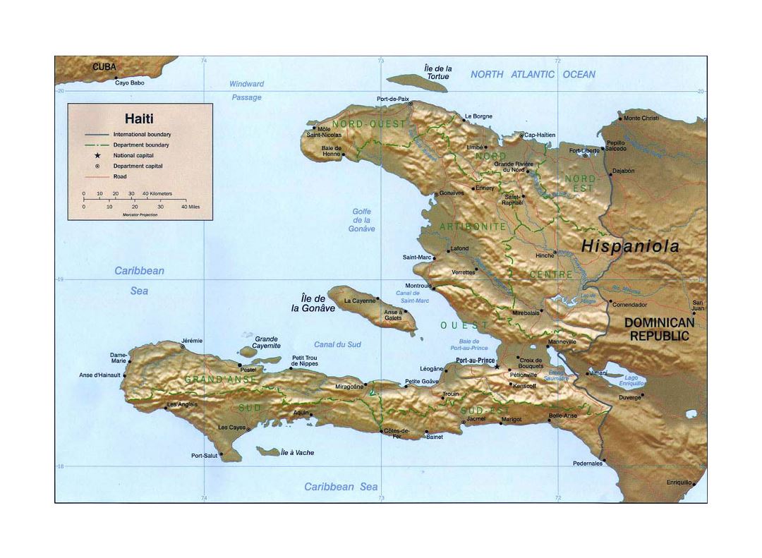 Детальная политическая и административная карта Гаити с рельефом, дорогами и крупными городами