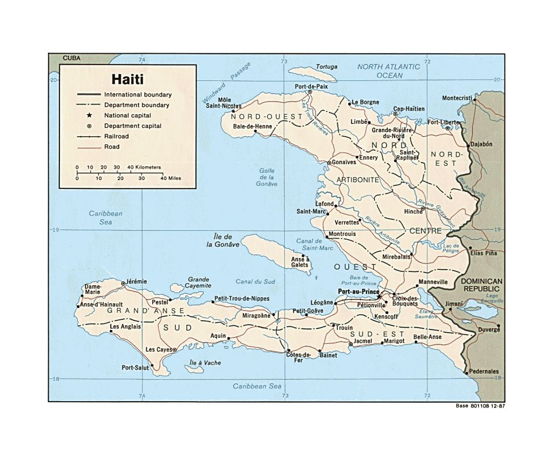 Подробная политическая и административная карта Гаити с дорогами, железными дорогами и крупными городами - 1987