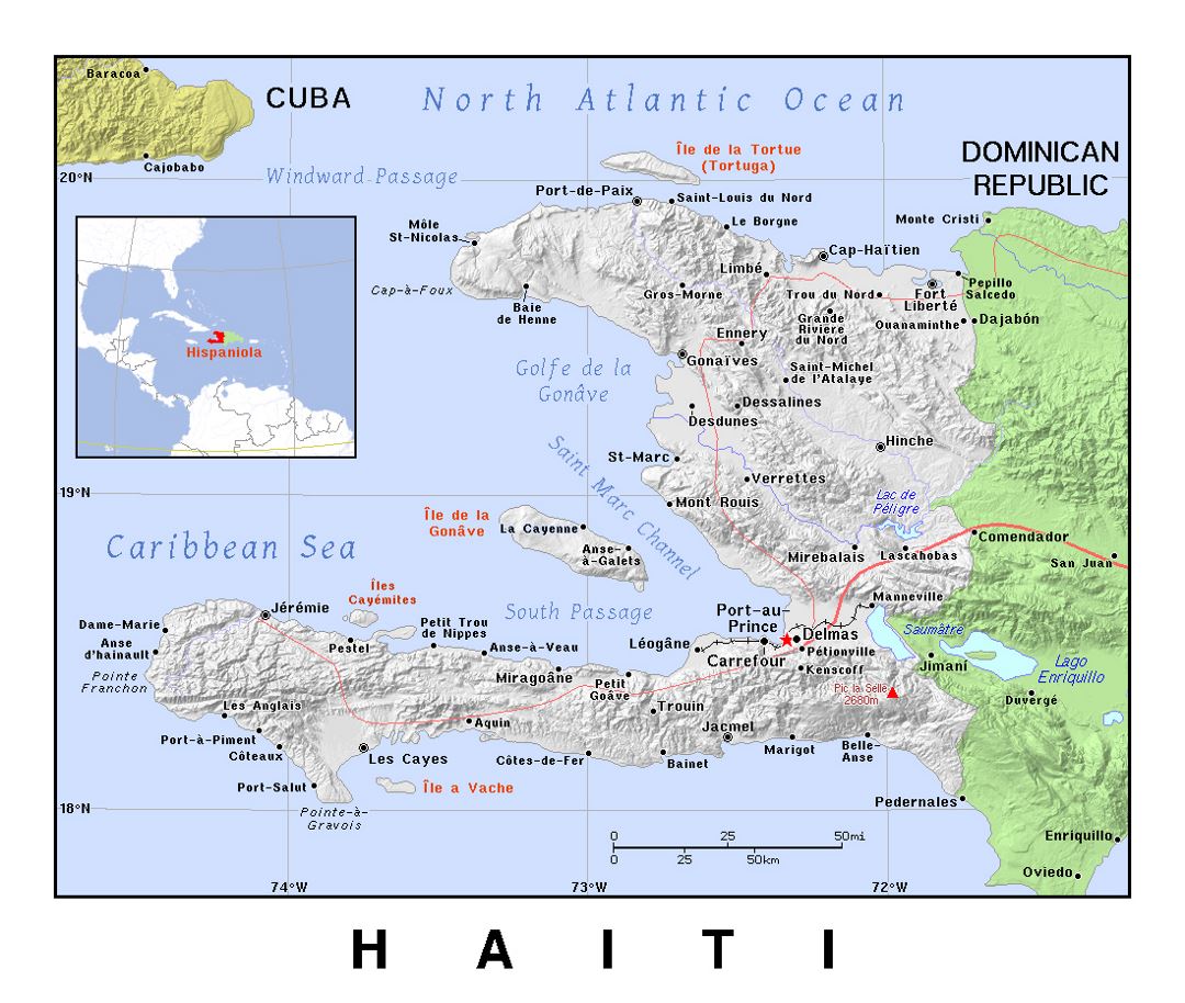 Детальная политическая карта Гаити с рельефом