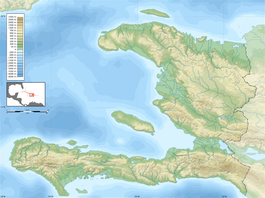 Большая детальная физическая карта Гаити