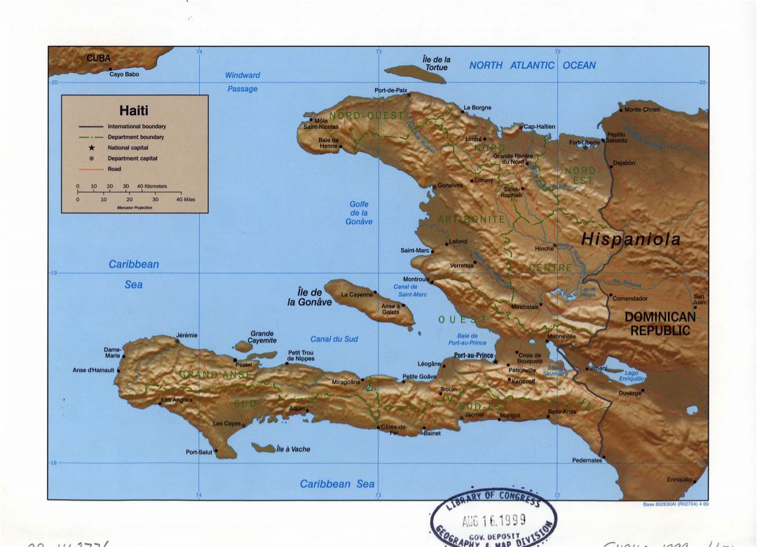 Большая детальная политическая и административная карта Гаити с рельефом, дорогами и крупными городами - 1999