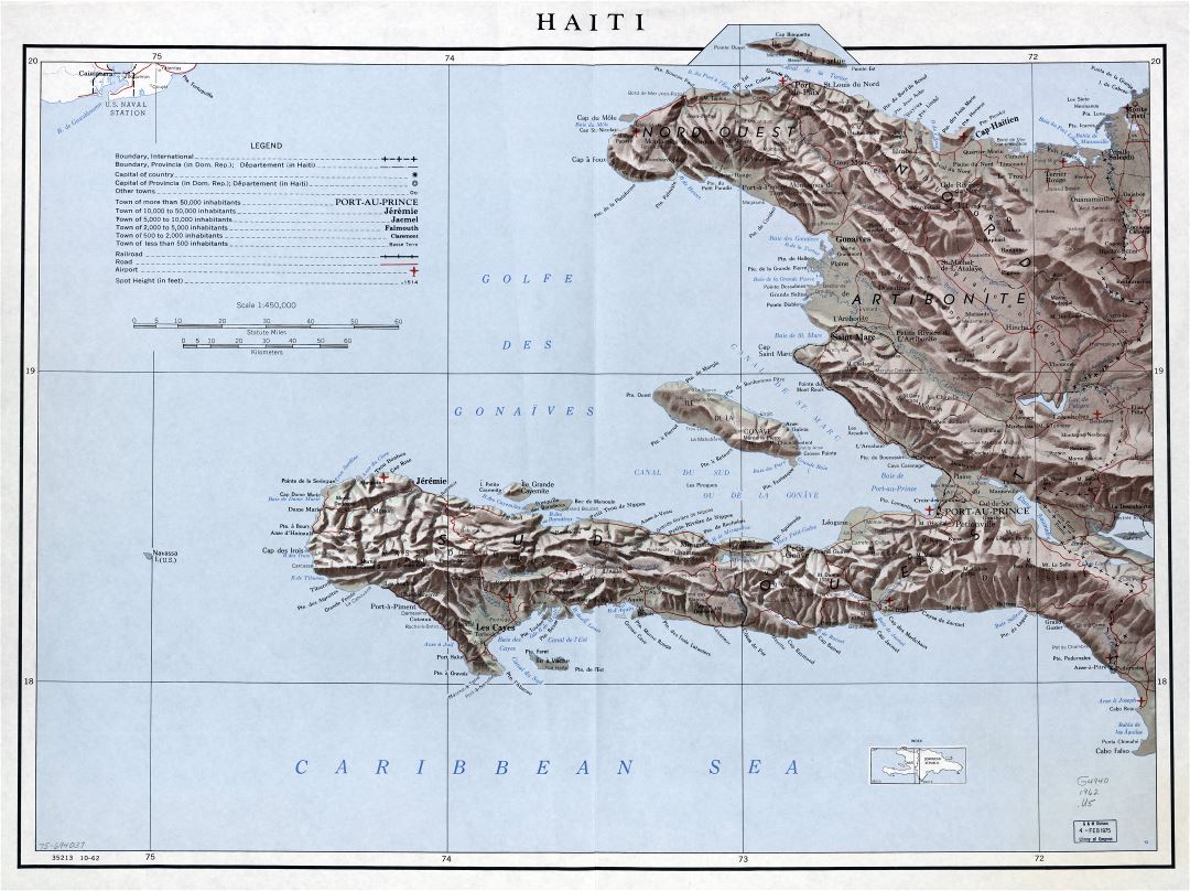Большая детальная политическая и административная карта Гаити с рельефом, дорогами, железными дорогами, аэропортами и городами - 1962