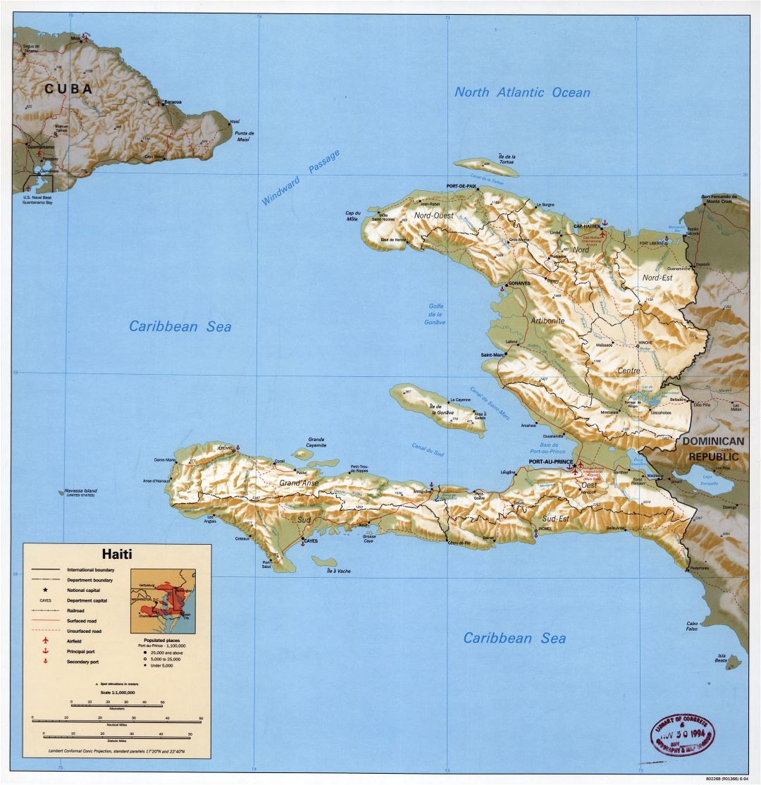 Большая подробная политическая и административная карта Гаити с рельефом, дорогами, железными дорогами, портами, аэропортами и городами - 1994