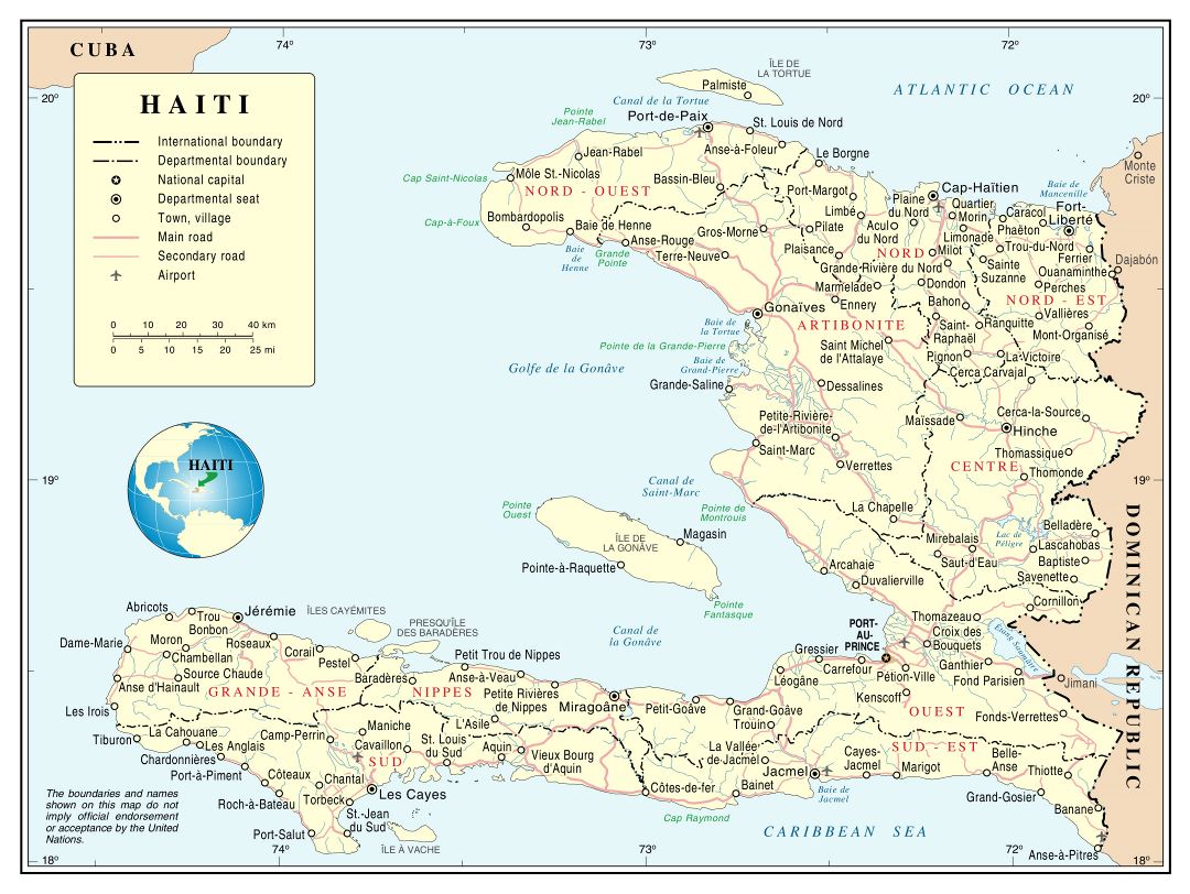 Большая детальная политическая и административная карта Гаити с дорогами, городами и аэропортами
