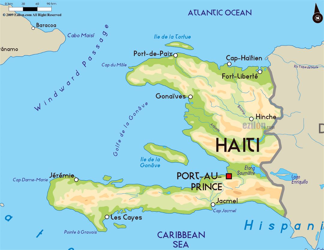 Большая физическая карта Гаити с крупными городами