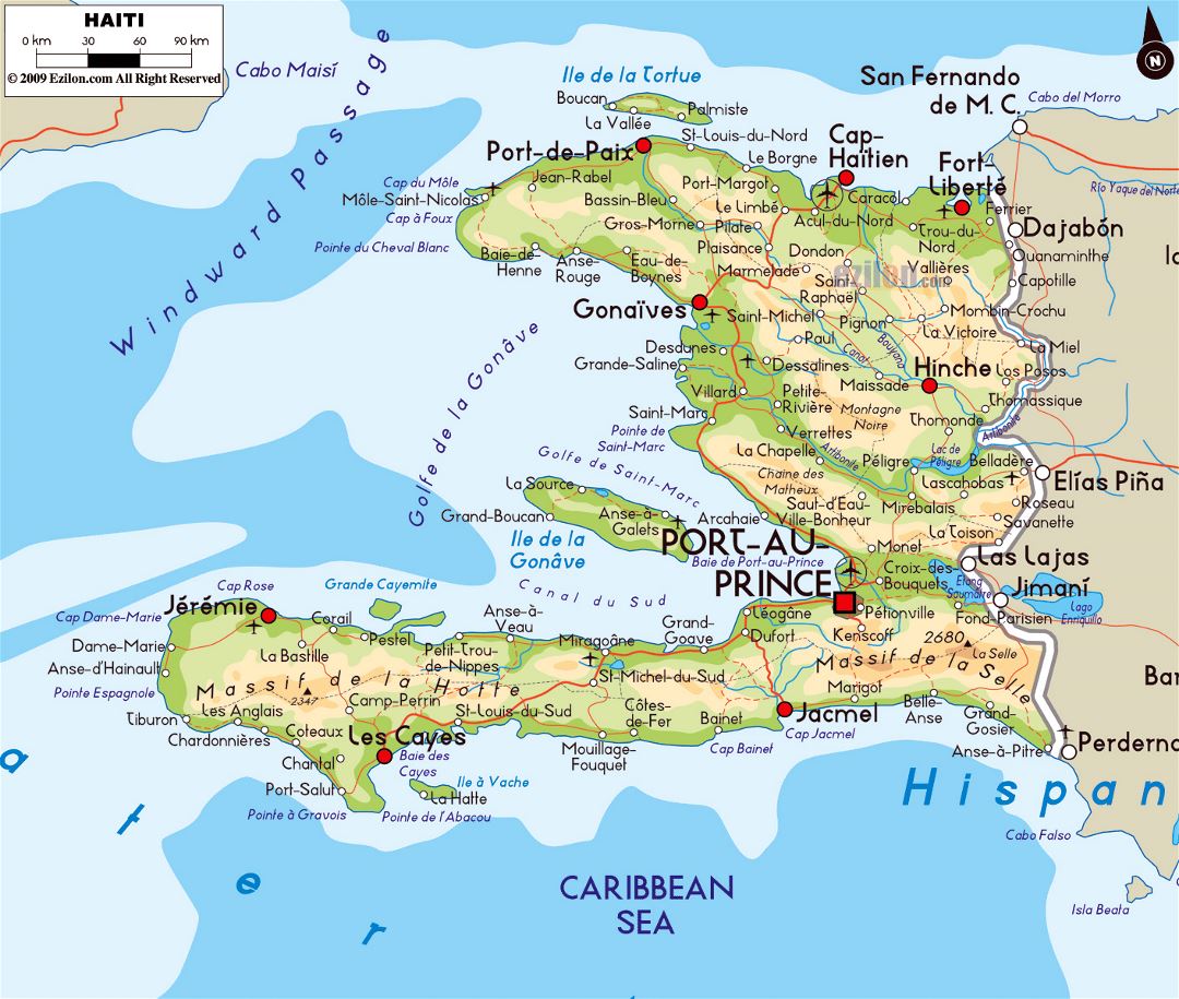 Большая физическая карта Гаити с дорогами, городами и аэропортами