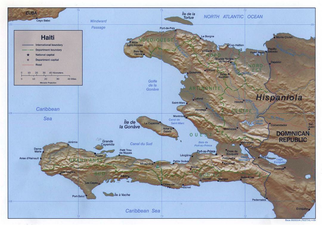 Большая политическая и административная карта Гаити с рельефом, дорогами и крупными городами - 1999