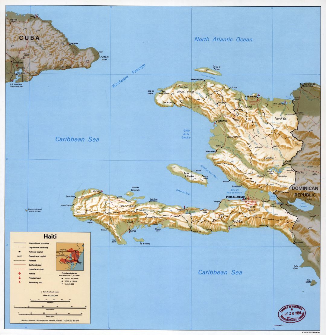 Большая политическая и административная карта Гаити с рельефом, дорогами, железными дорогами, морскими портами, аэропортами и городами - 1994