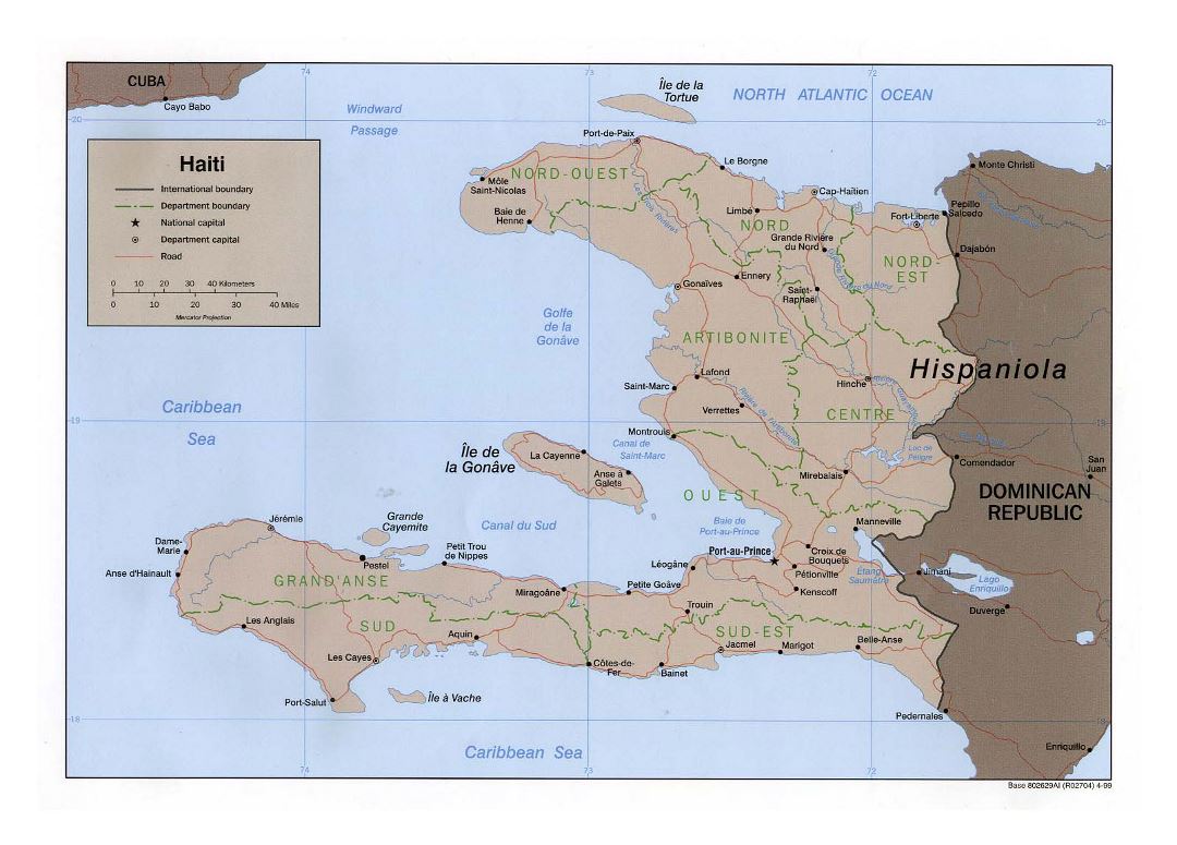 Большая политическая и административная карта Гаити с дорогами и крупными городами - 1999
