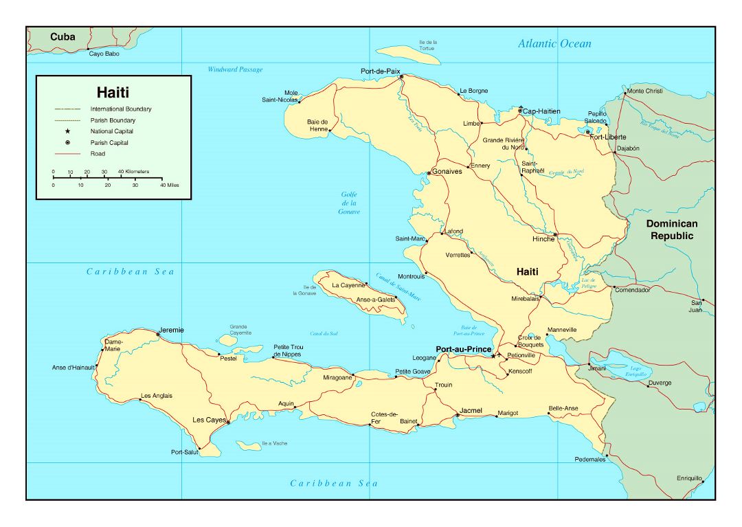 Большая политическая карта Гаити с дорогами, городами и аэропортами
