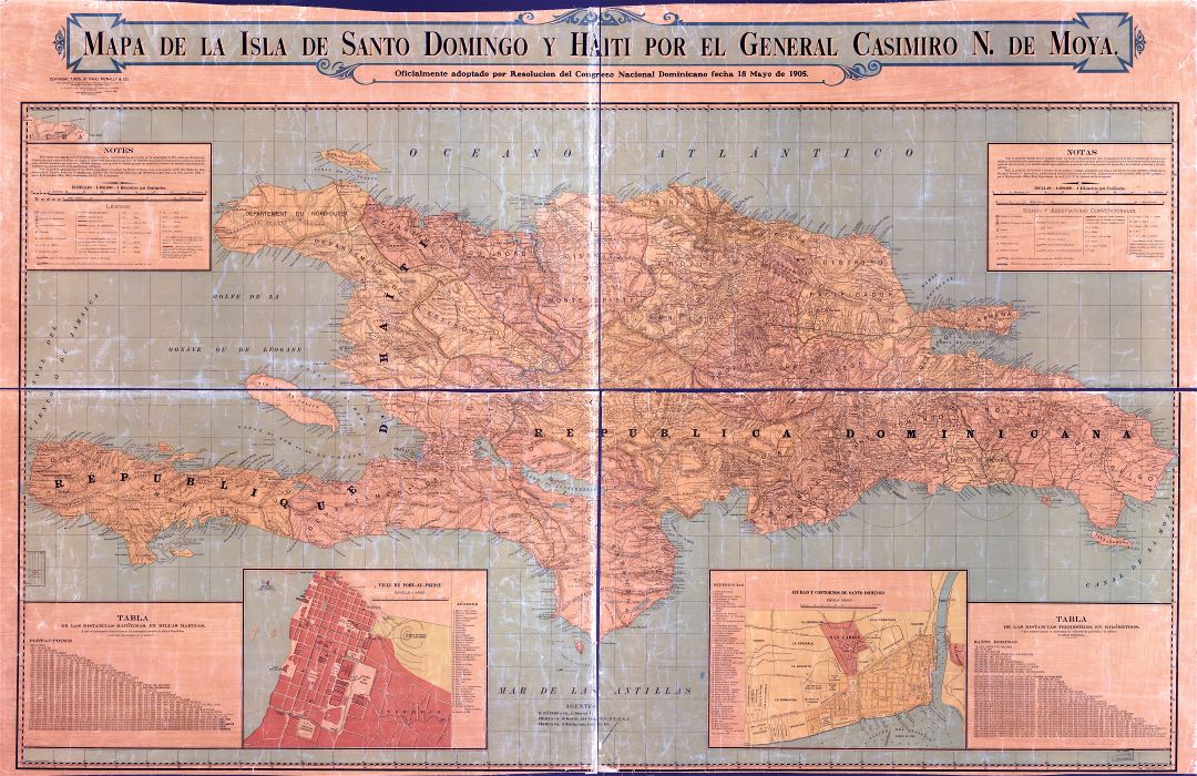 Крупномасштабная детальная старая карта Санто-Доминго с рельефом, дорогами и городами - 1906