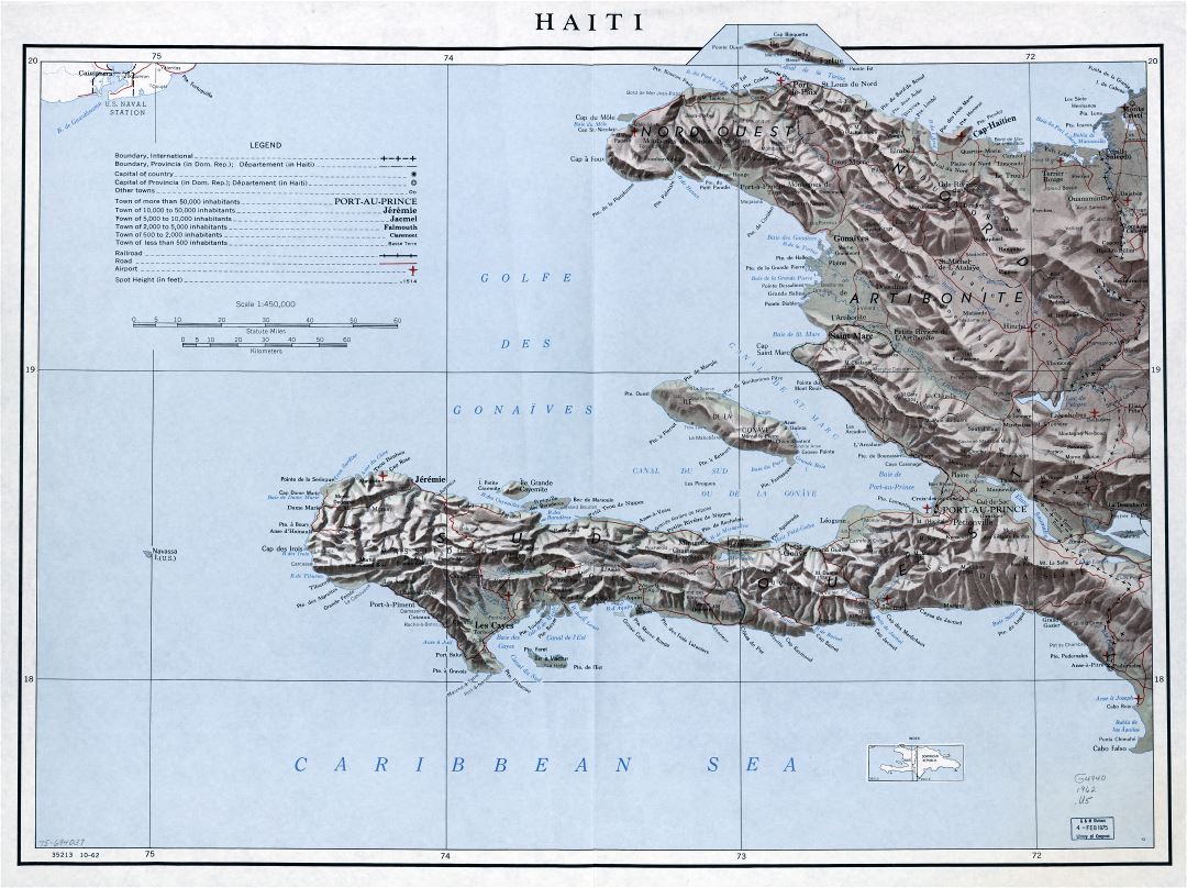 Крупномасштабная подробная политическая и административная карта Гаити с рельефом, дорогами, железными дорогами, аэропортами и городами - 1962