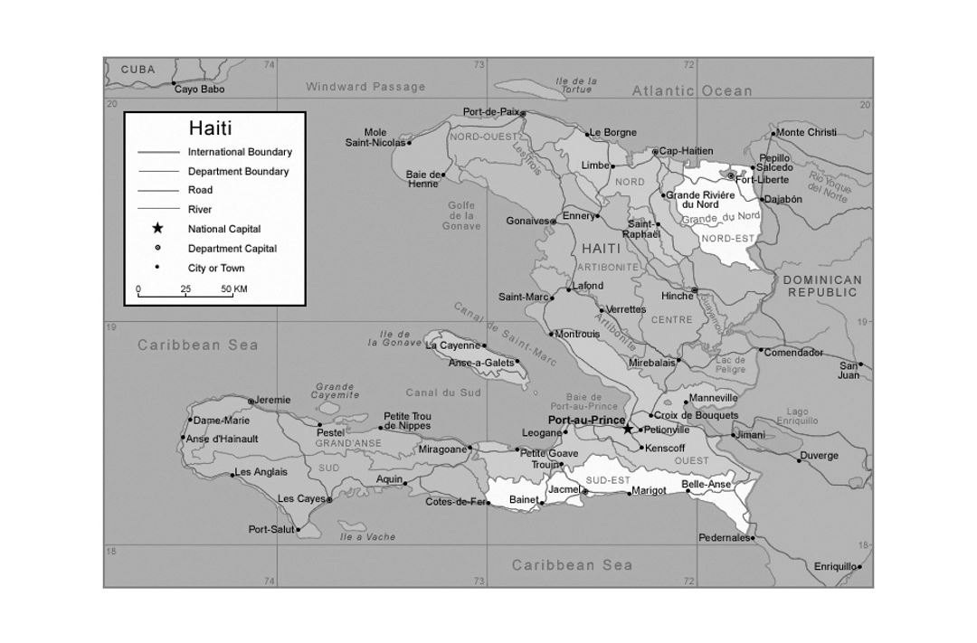 Политическая и административная карта Гаити с дорогами, реками и крупными городами