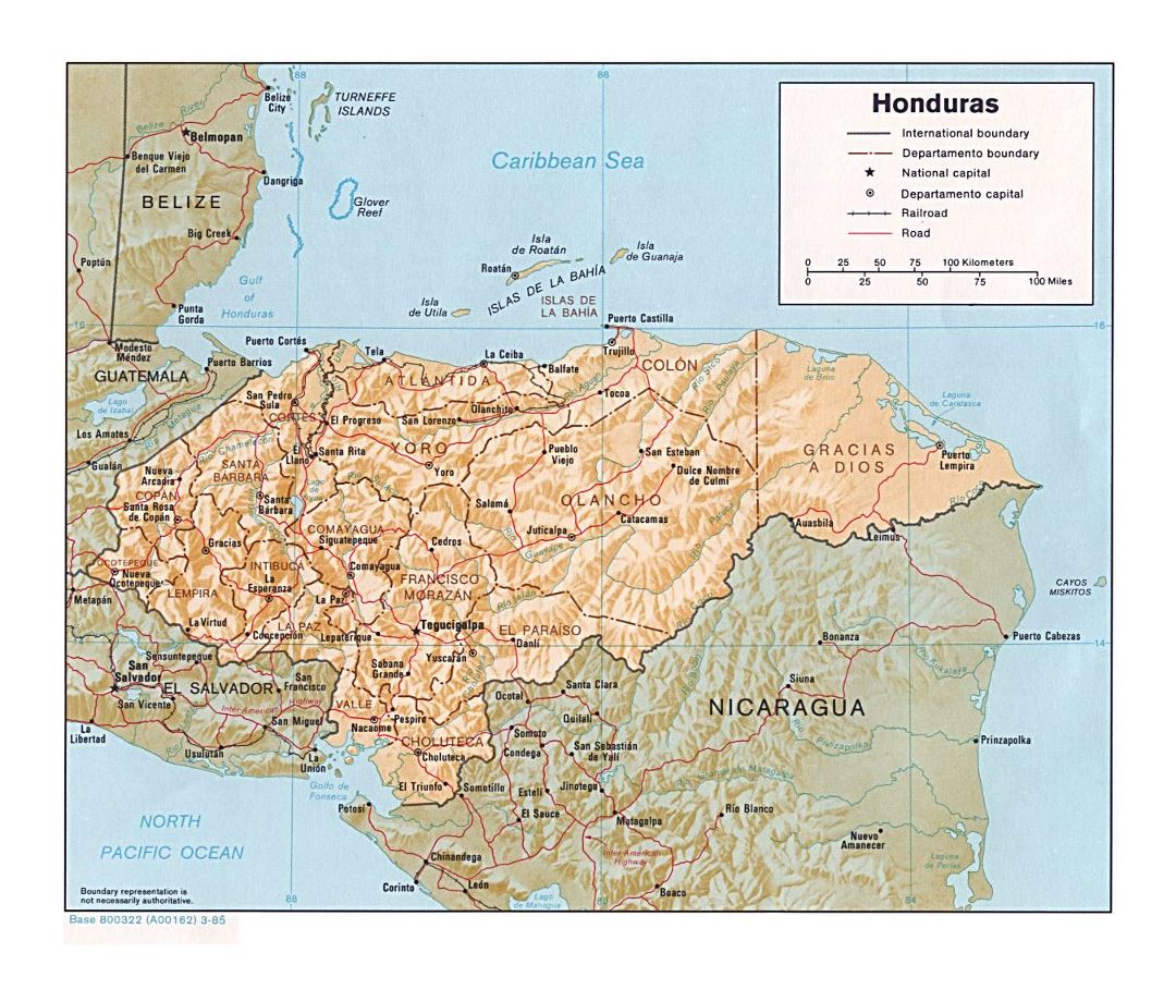 Детальная политическая и административная карта Гондураса с рельефом, дорогами, железными дорогами и крупными городами - 1985