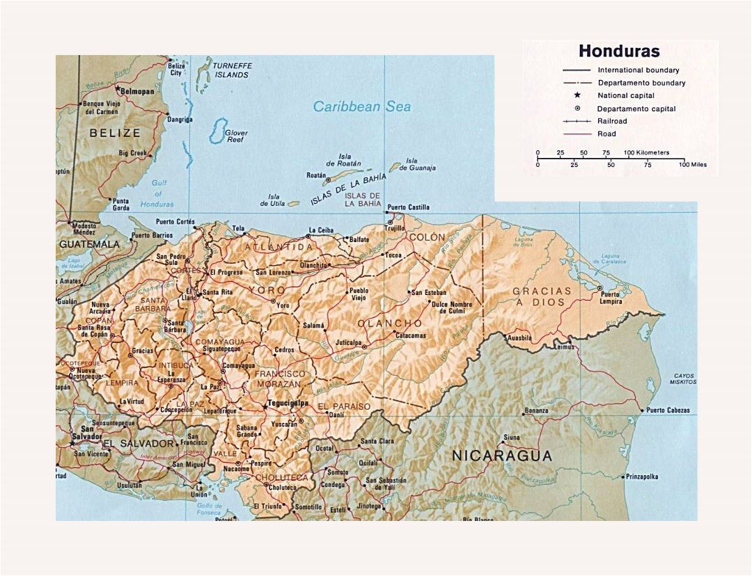 Детальная политическая и административная карта Гондураса с рельефом, дорогами, железными дорогами и крупными городами