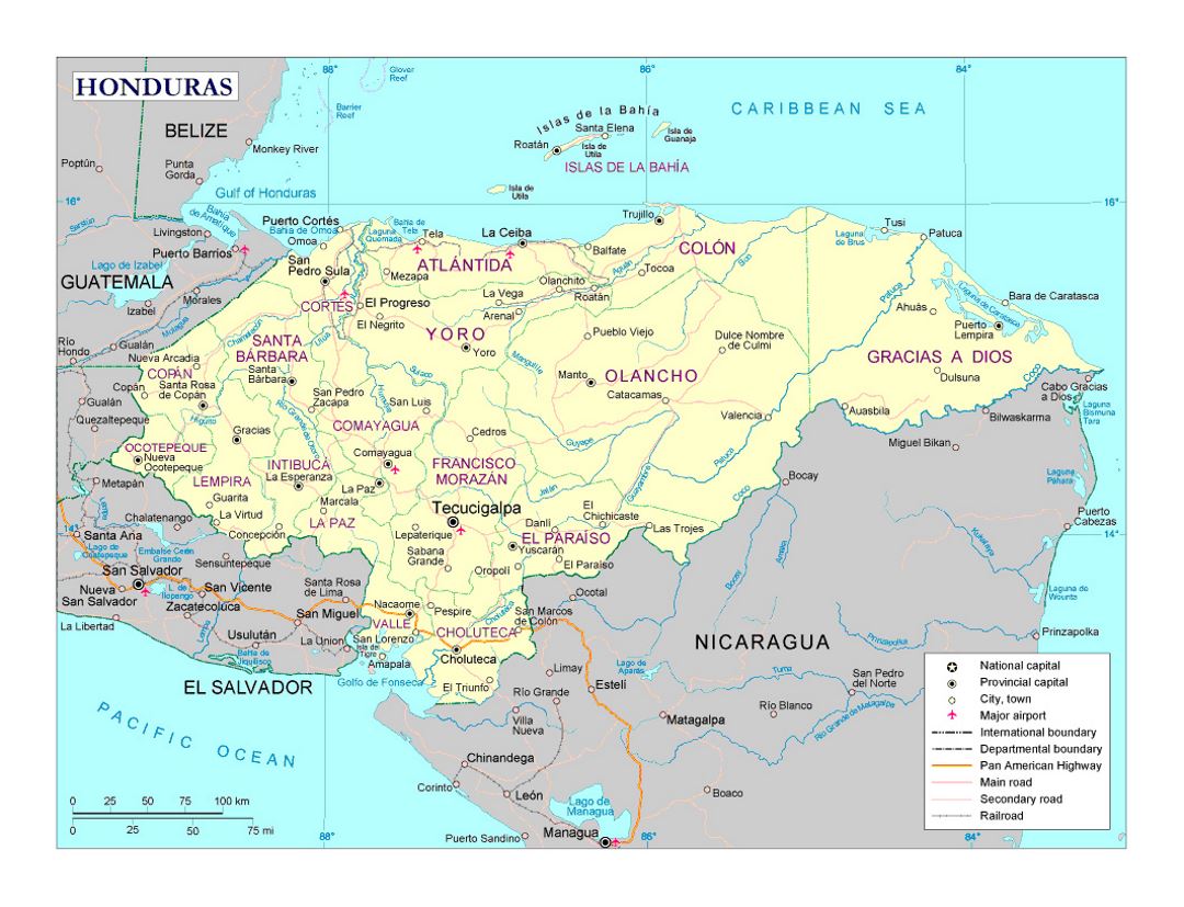 Подробная политическая и административная карта Гондураса с дорогами, железными дорогами, городами и аэропортами