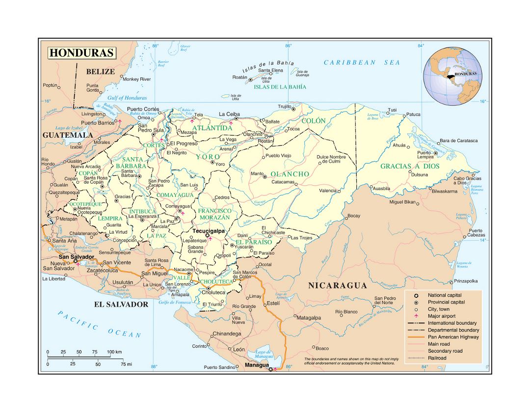 Детальная политическая и административная карта Гондураса с дорогами, железными дорогами, крупными городами и аэропортами