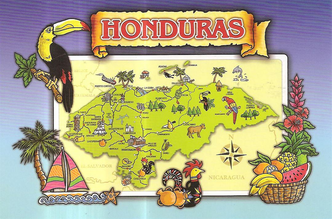 Детальная туристическая иллюстрированная карта Гондураса