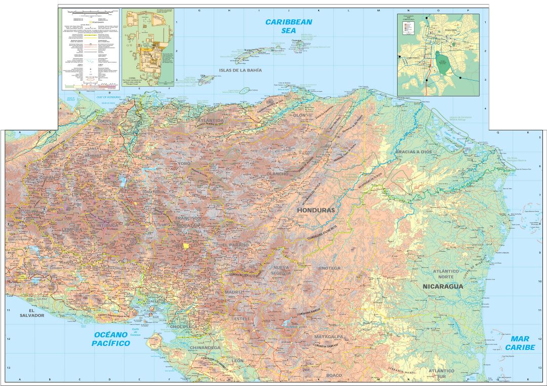 Большая детальная карта высот Гондураса с другими пометками