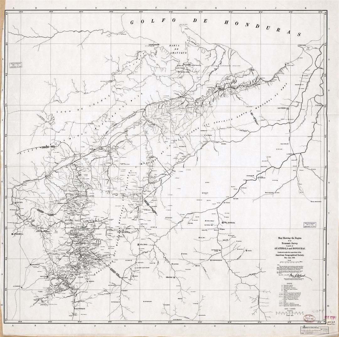 Большая подробная старая карта границы Гватемала - Гондурас - 1919