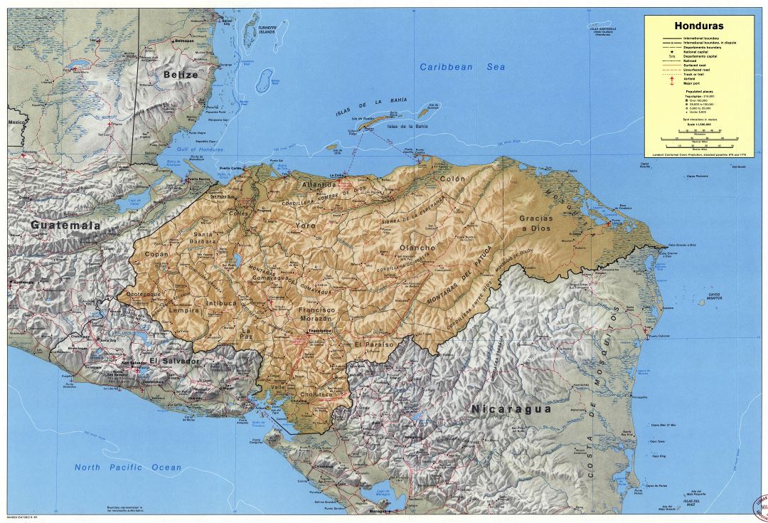 Большая детальная политическая и административная карта Гондураса с рельефом, дорогами, железными дорогами, городами, портами и аэропортами - 1983