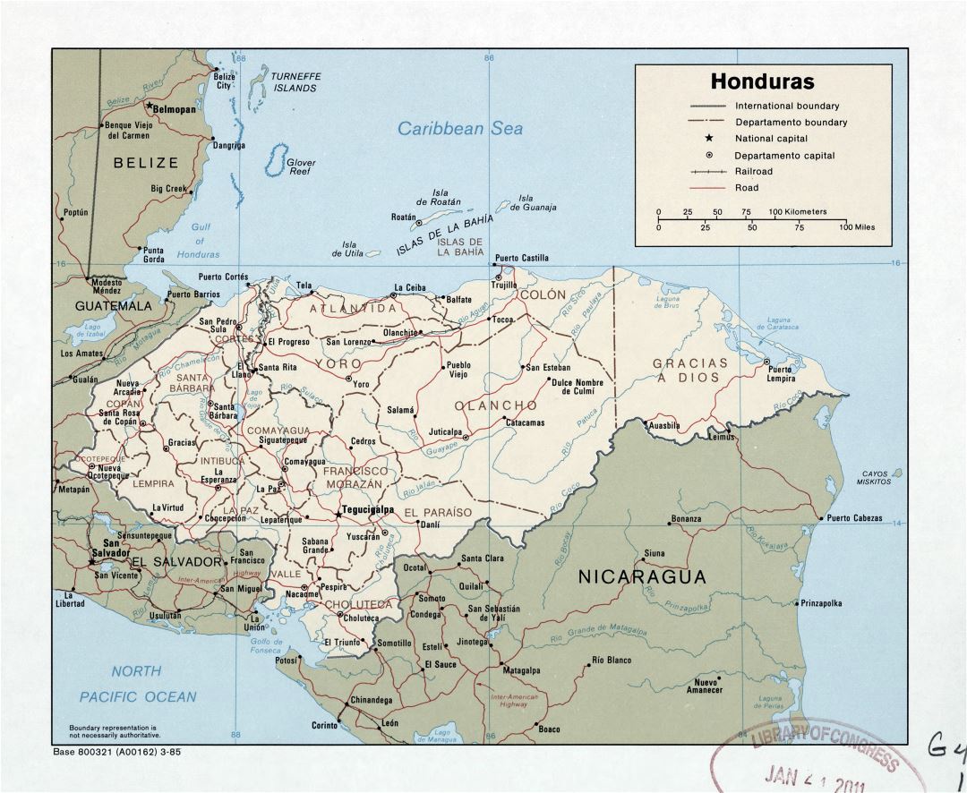 Большая детальная политическая и административная карта Гондураса с дорогами, железными дорогами и крупными городами - 1985