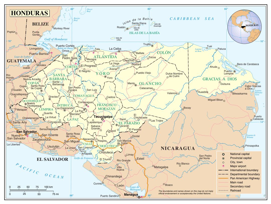 Большая детальная политическая и административная карта Гондураса с дорогами, железными дорогами, городами и аэропортами