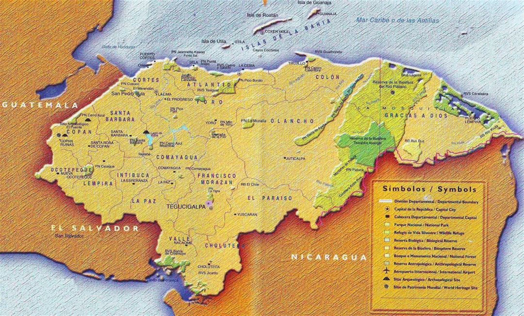 Большая детальная туристическая карта Гондураса с административными делениями и другими пометками
