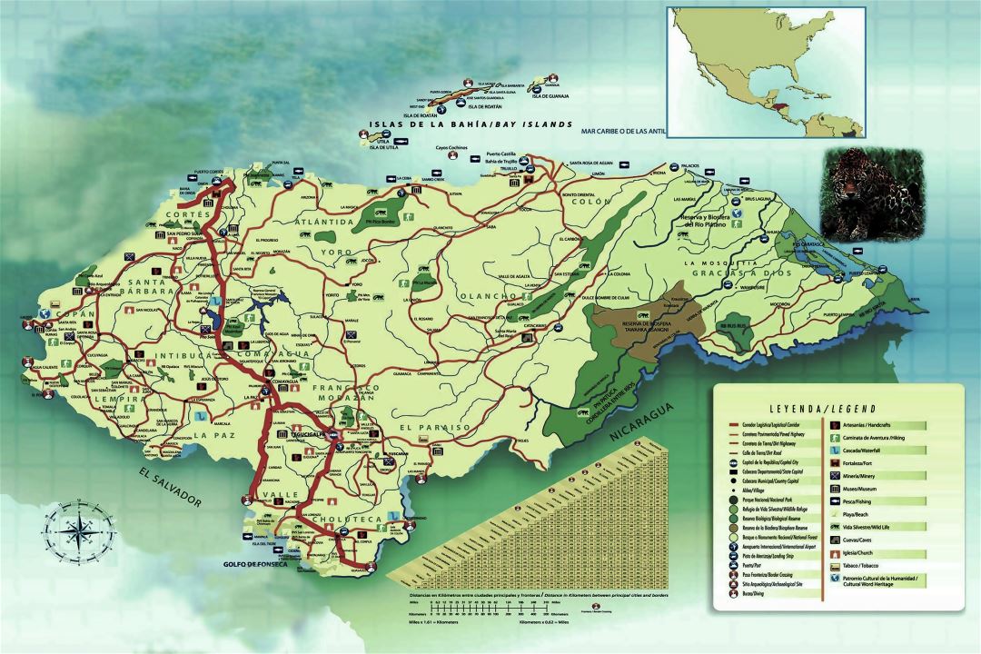 Большая детальная туристическая карта Гондураса