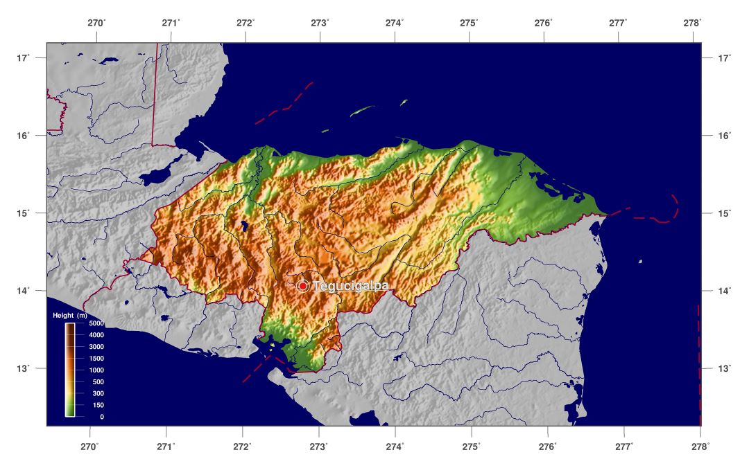 Большая физическая карта Гондураса