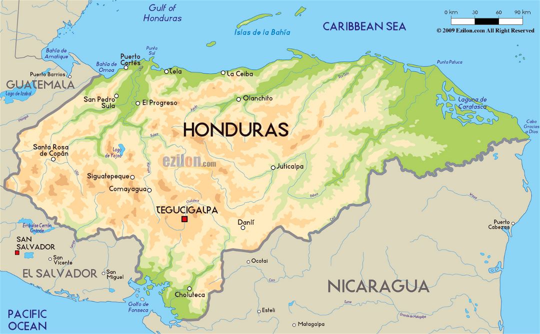 Большая физическая карта Гондураса с крупными городами