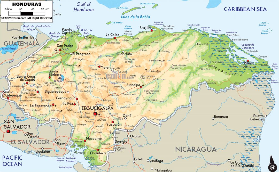 Большая физическая карта Гондураса с дорогами, городами и аэропортами