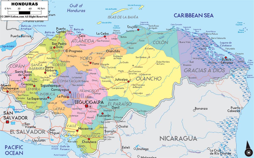 Большая политическая и административная карта Гондураса с дорогами, городами и аэропортами