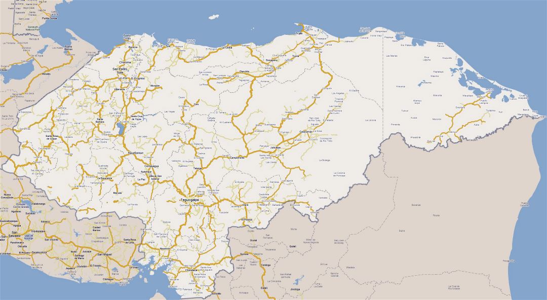 Большая карта дорог Гондураса с городами