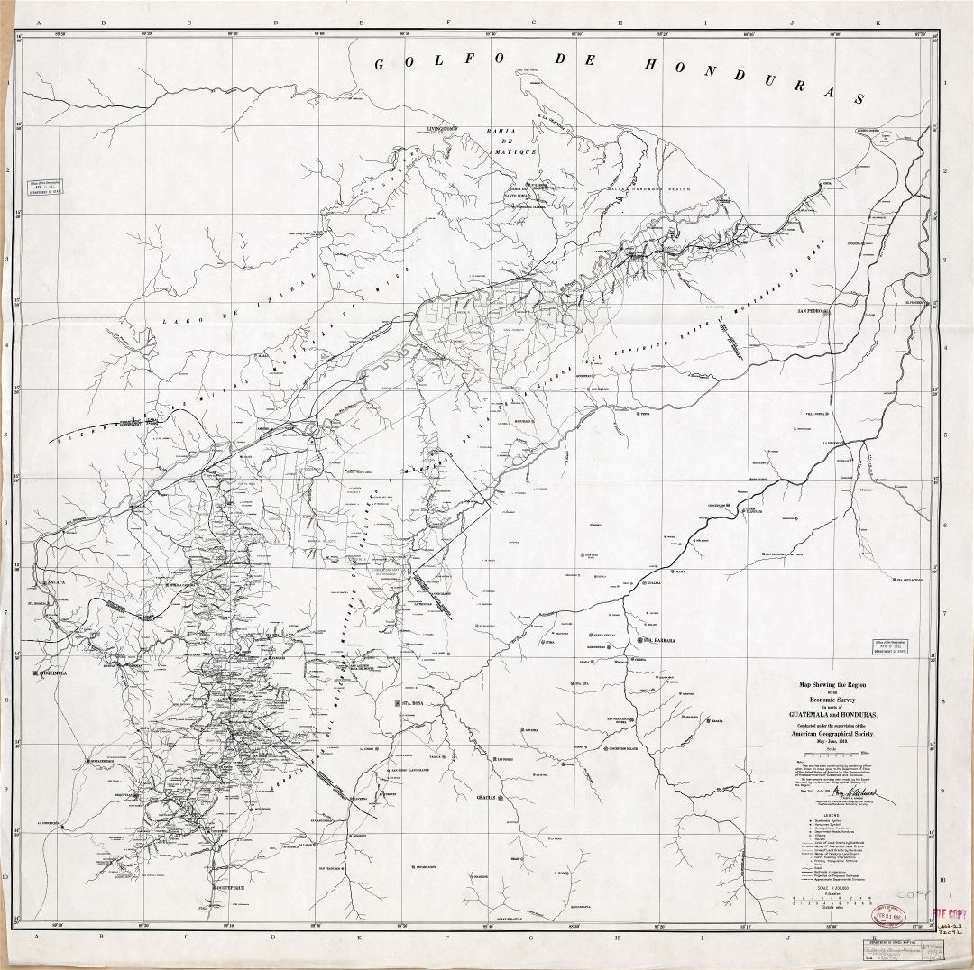 Крупномасштабная детальная старая карта границы Гватемала - Гондурас - 1919