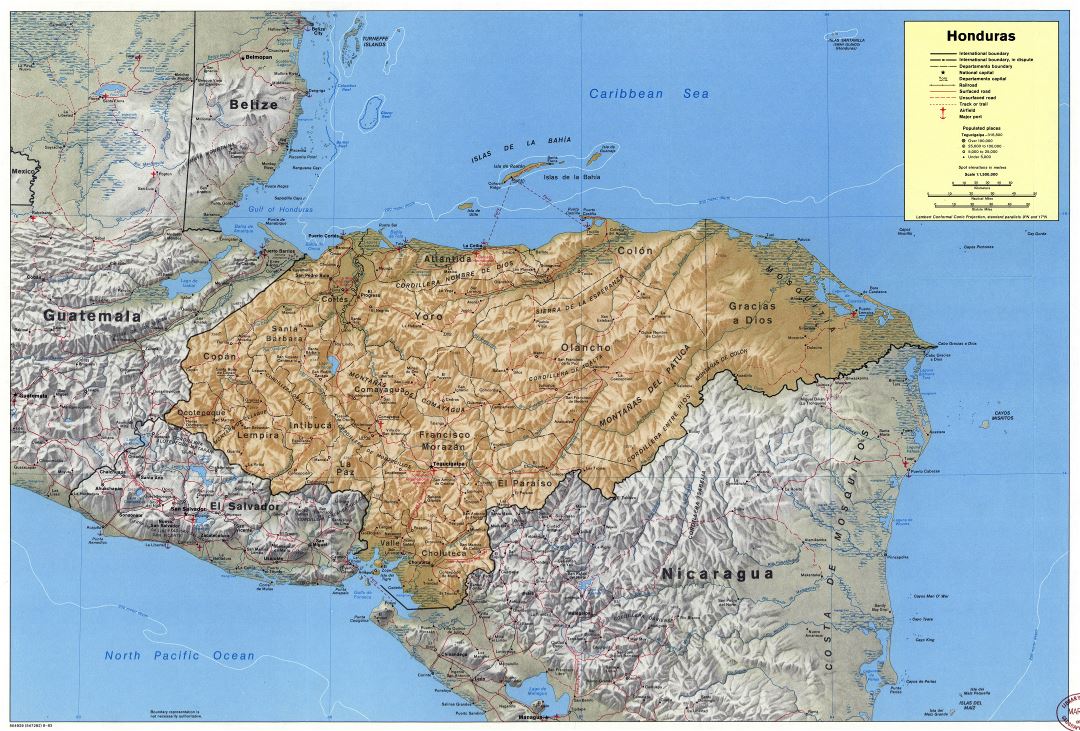 Крупномасштабная политическая и административная карта Гондураса с рельефом, дорогами, железными дорогами, городами, портами и аэропортами - 1983