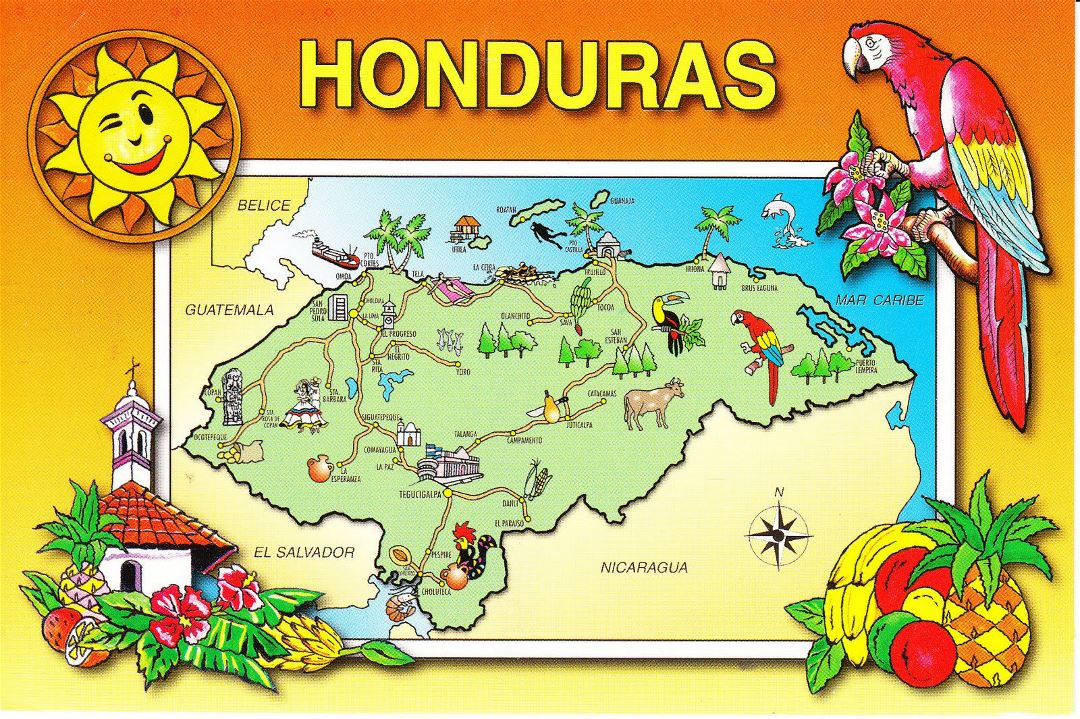 Большая туристическая иллюстрированная карта Гондураса с дорогами и городами