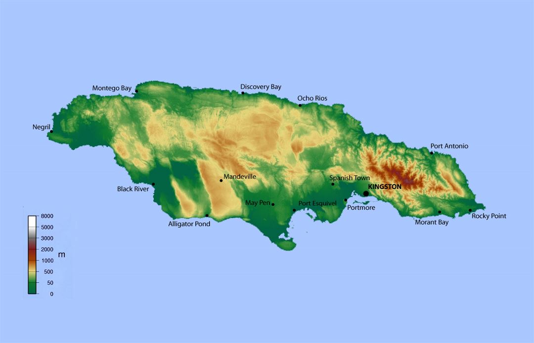 Детальная карта высот Ямайки