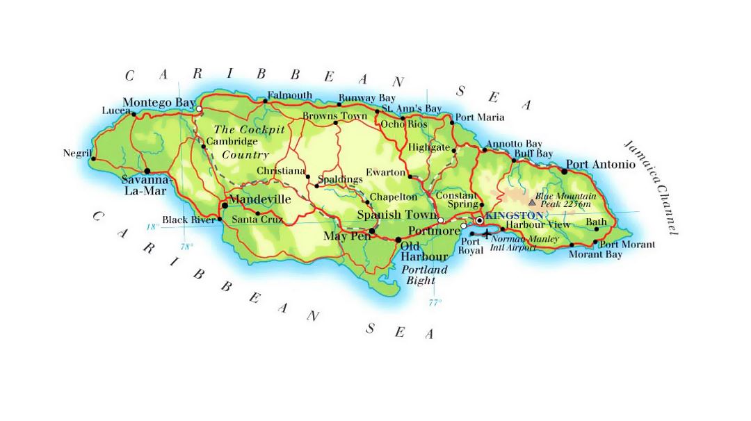 Детальная карта высот Ямайки с дорогами, железными дорогами, городами и аэропортами