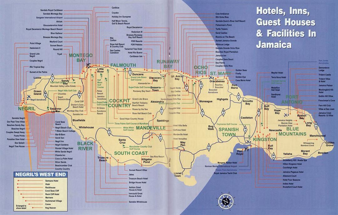 Подробная карта отелей, гостиниц, гостевых домов и объектов на Ямайке