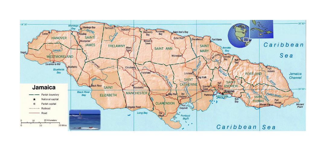 Детальная политическая и административная карта Ямайки с рельефом, дорогами, железными дорогами и крупными городами
