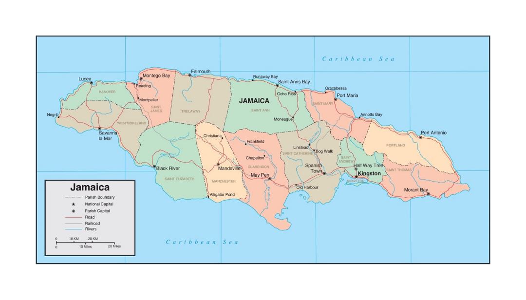 Подробная политическая и административная карта Ямайки с дорогами, железными дорогами, реками и крупными городами