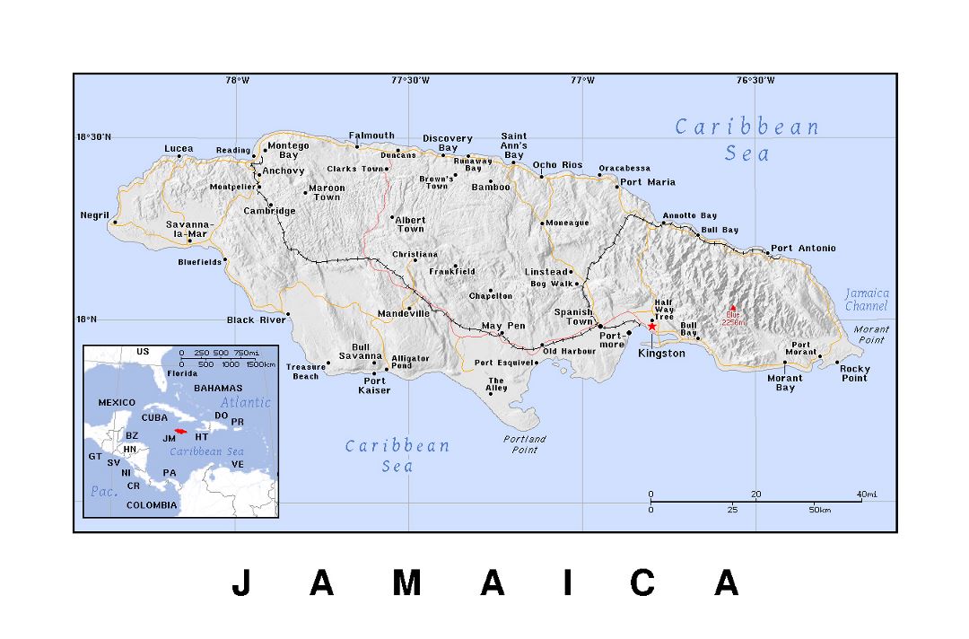 Детальная политическая карта Ямайки с рельефом