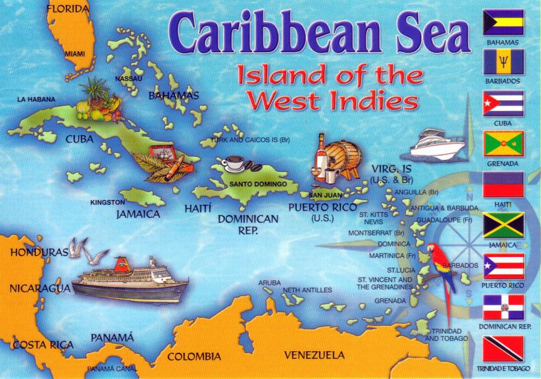 Детальная туристическая иллюстрированная карта Карибского моря