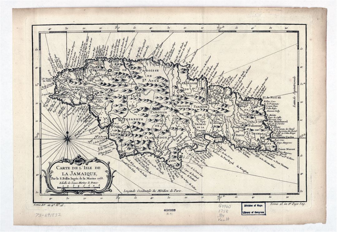 Большая детальная старая античная карта Ямайки с рельефом и другими пометками - 1758